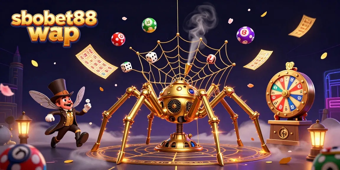 Spin to win with sbobet88 wap in a vibrant casino illustration filled with dynamic action and gaming elements.
