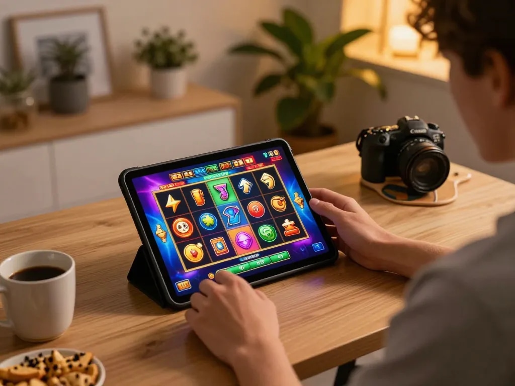 Engaged player enjoying tt88 slot game on a tablet with vibrant graphics and cozy setting