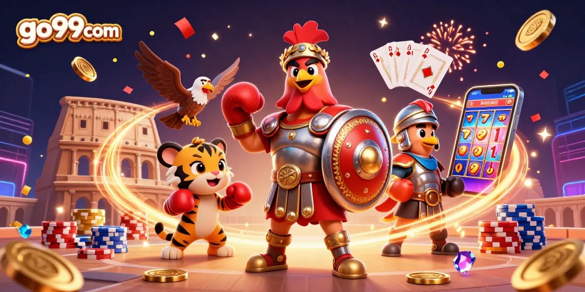 Experience the excitement of go99com with a vibrant 3D casino scene packed with action and gaming elements.