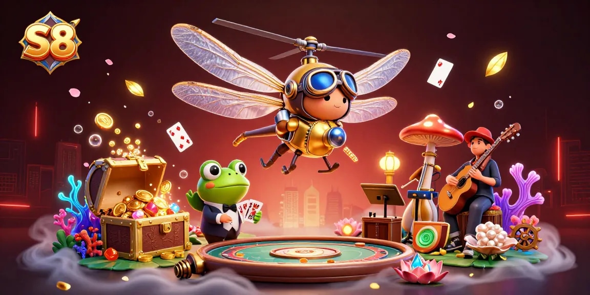 Experience thrilling gameplay at S8 Casino with immersive dragonfly pilots and lively frog croupiers.