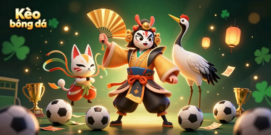 Kèo bóng đá enhances betting excitement with a kabuki warrior amidst sports elements in a dynamic scene.