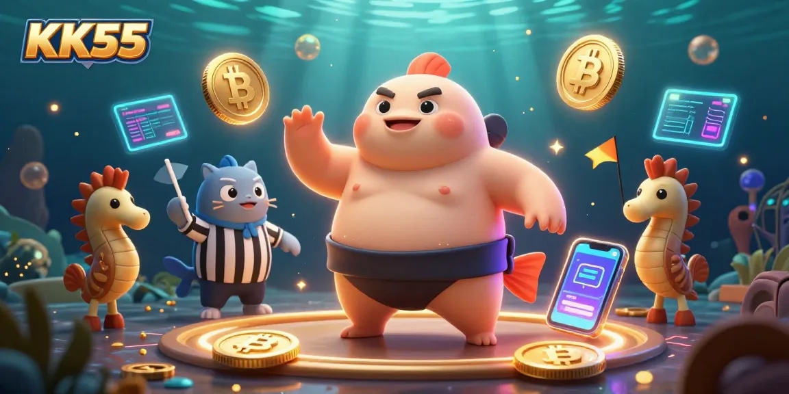 Interact with KK55's vibrant online gambling world featuring a 3D cartoon fugu and cryptocurrency elements.