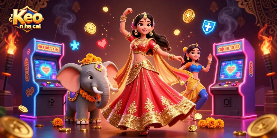Engage with Keo nha cai among vibrant casino elements and a Bollywood dancer emphasizing festive gambling.