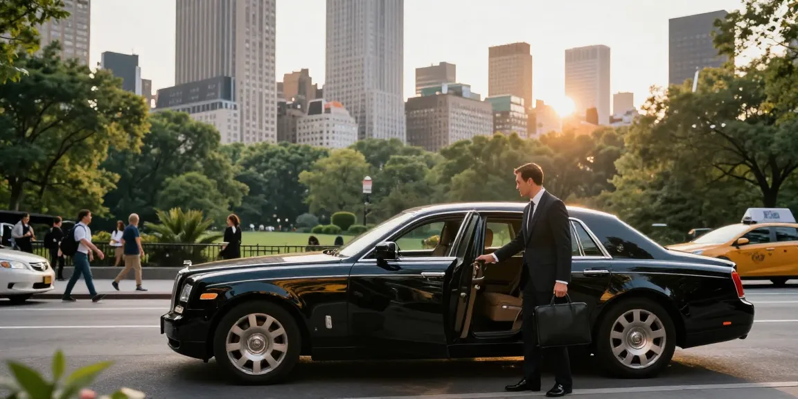 Chauffeur service nyc with luxury car waiting at hotel, driver assisting business traveler.