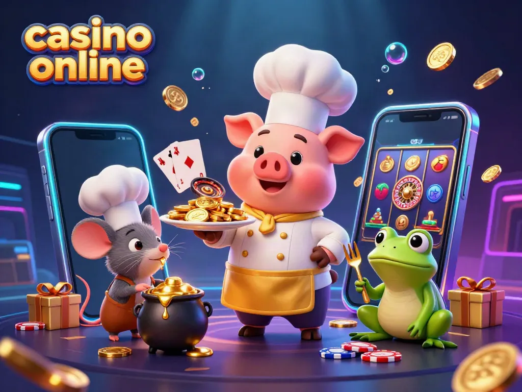 Chef pig serving gold coins in an elaborate casino online scene with vibrant characters and elements.