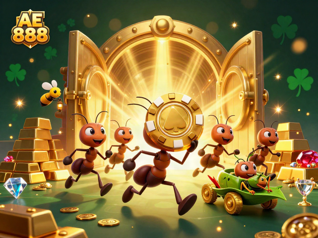 Experience AE 888 with a dynamic heist scene featuring cartoon ants, golden poker chips, and treasures.