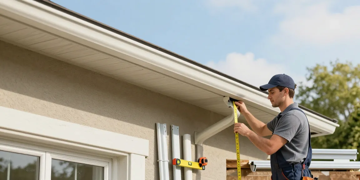 Spokane gutter installation by a professional contractor measuring new seamless gutters.