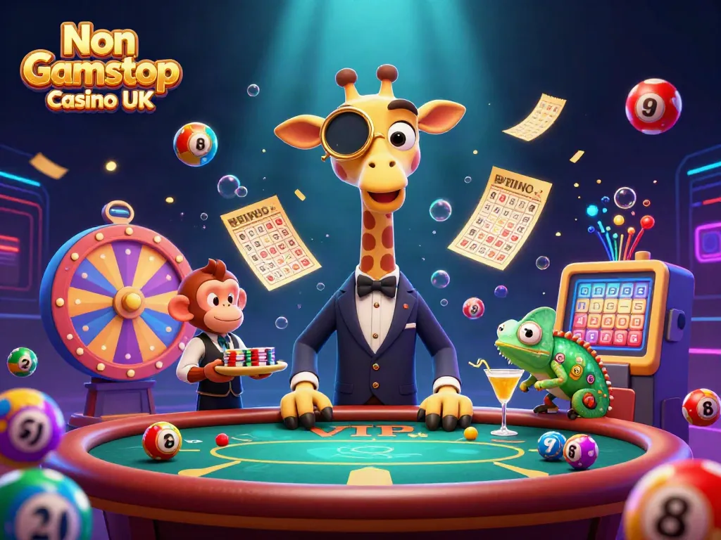 Experience the vibrant world of Non Gamstop Casino UK with a dynamic 3D casino illustration.