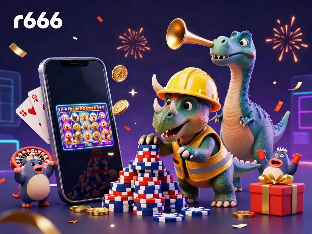 Experience the excitement at r666 casino with celebratory characters and vibrant game elements.