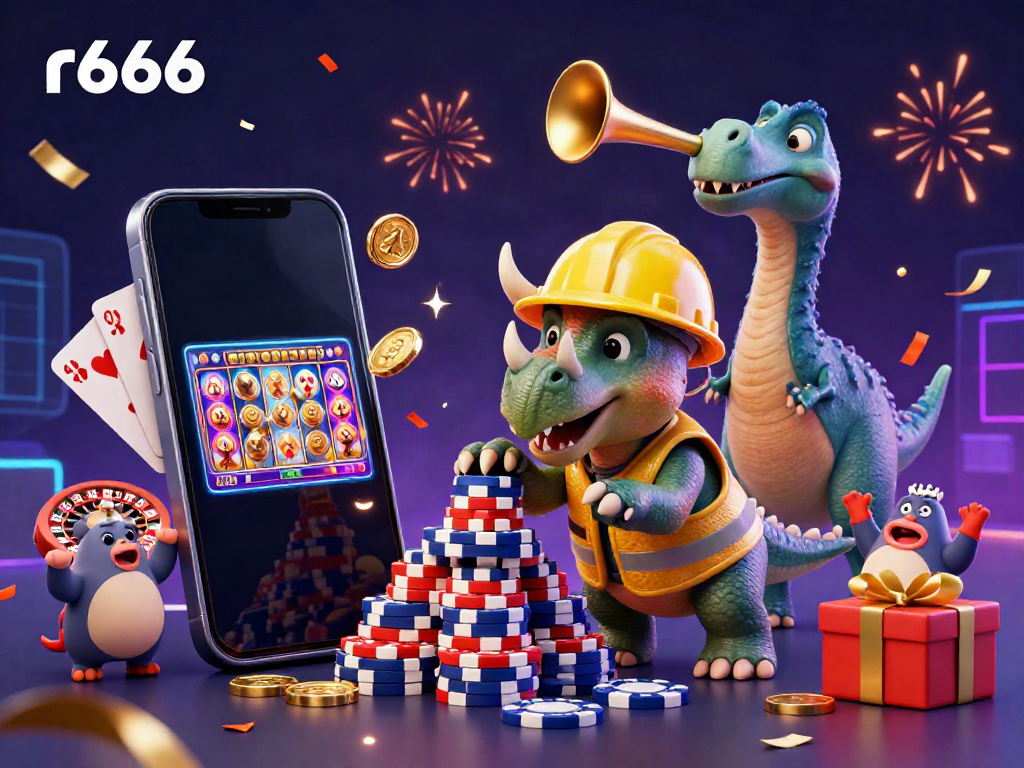 Experience the excitement at r666 casino with celebratory characters and vibrant game elements.