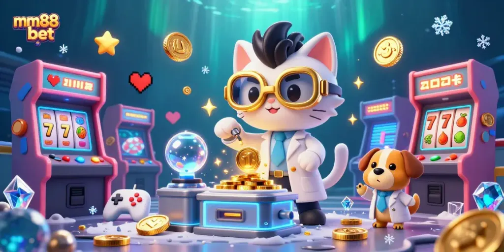 Engage with mm88bet's thrilling slots in a lively 3D cartoon casino scene.