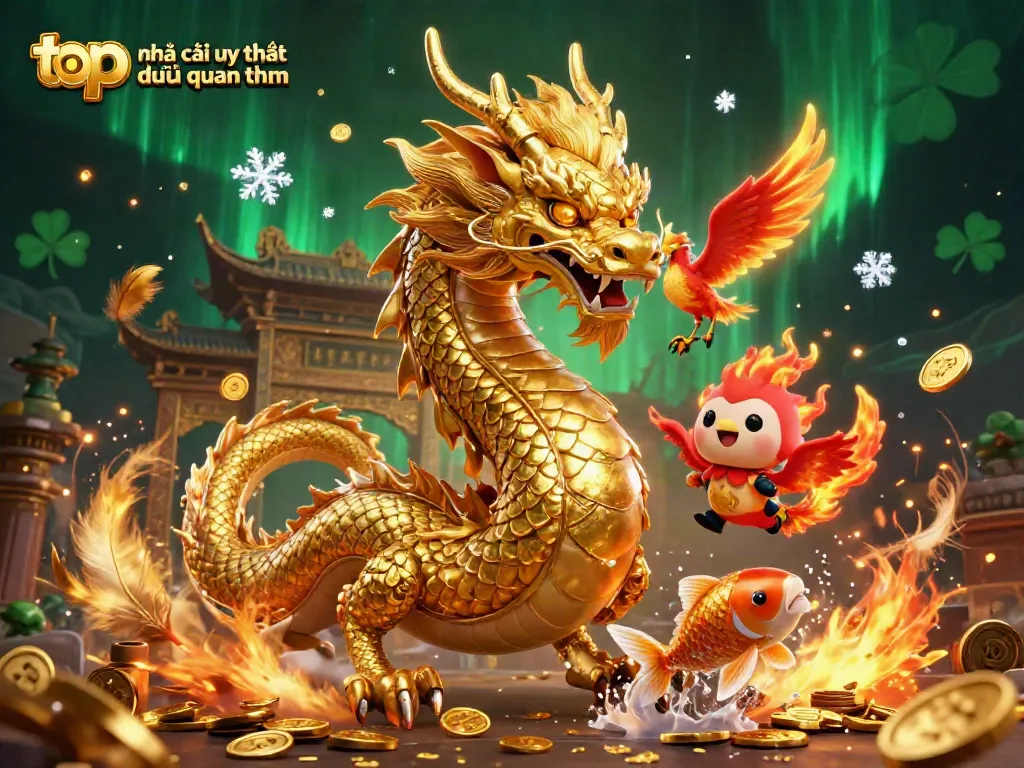 Explore the vibrant scene featuring a dragon and phoenix representing top nhà cái uy tín được quan tâm, combined with dynamic casino elements.