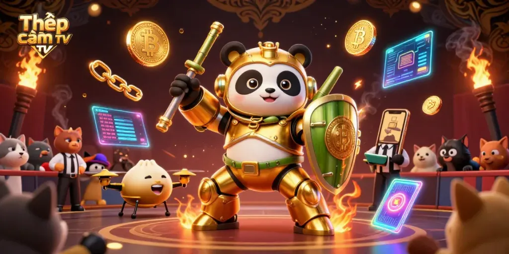 Engage with thrilling action on Thập cẩm TV showcasing a dynamic gambling arena with unique cartoon characters.