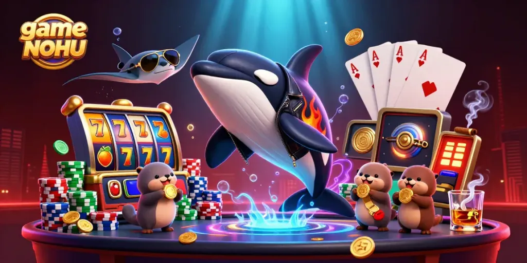 Engage in the exciting world of game NOHU with vibrant characters, slot reels, and poker elements.