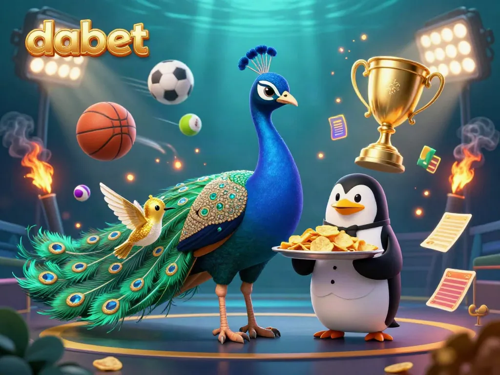 Engage with Dabet, featuring an aristocratic peacock, a butler penguin, and dynamic sports elements.