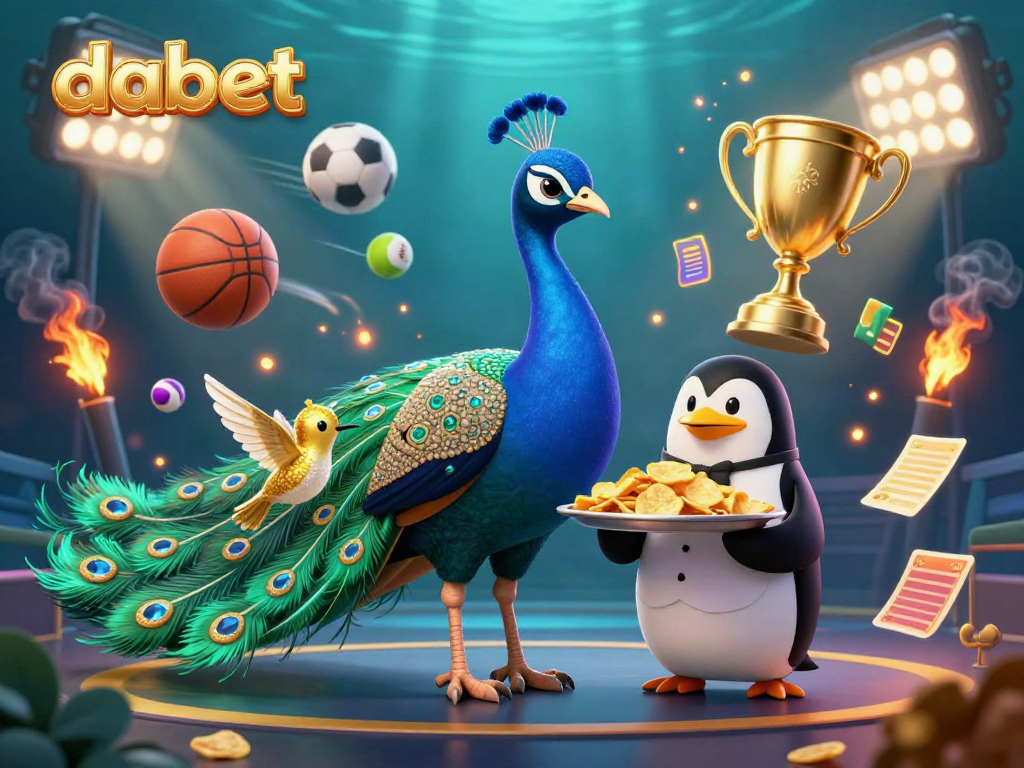 Engage with Dabet, featuring an aristocratic peacock, a butler penguin, and dynamic sports elements.