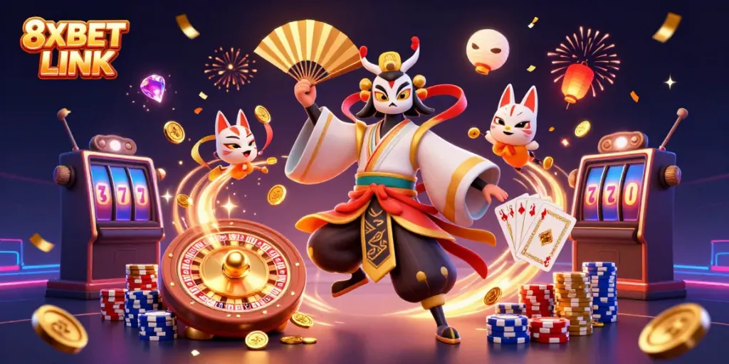 Engage with 8XBET LINK showcasing vibrant casino elements and dynamic characters in an energetic scene.