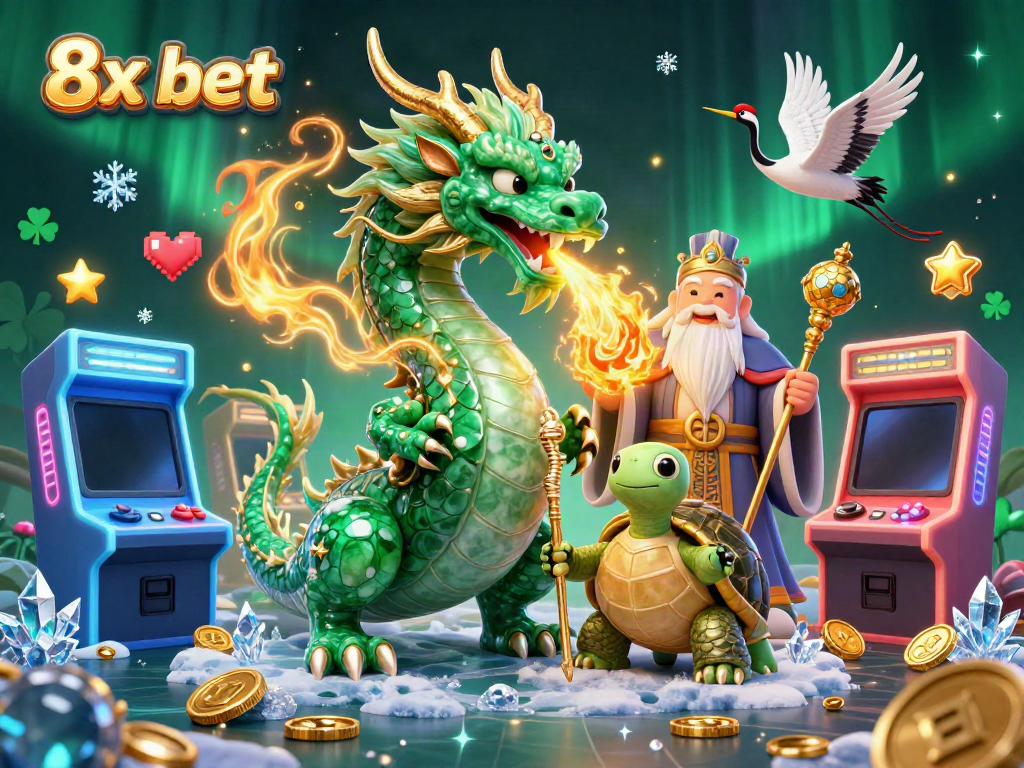 Experience the excitement of 8x bet with a dragon, turtle sage, and lucky cranes amid vibrant casino elements.