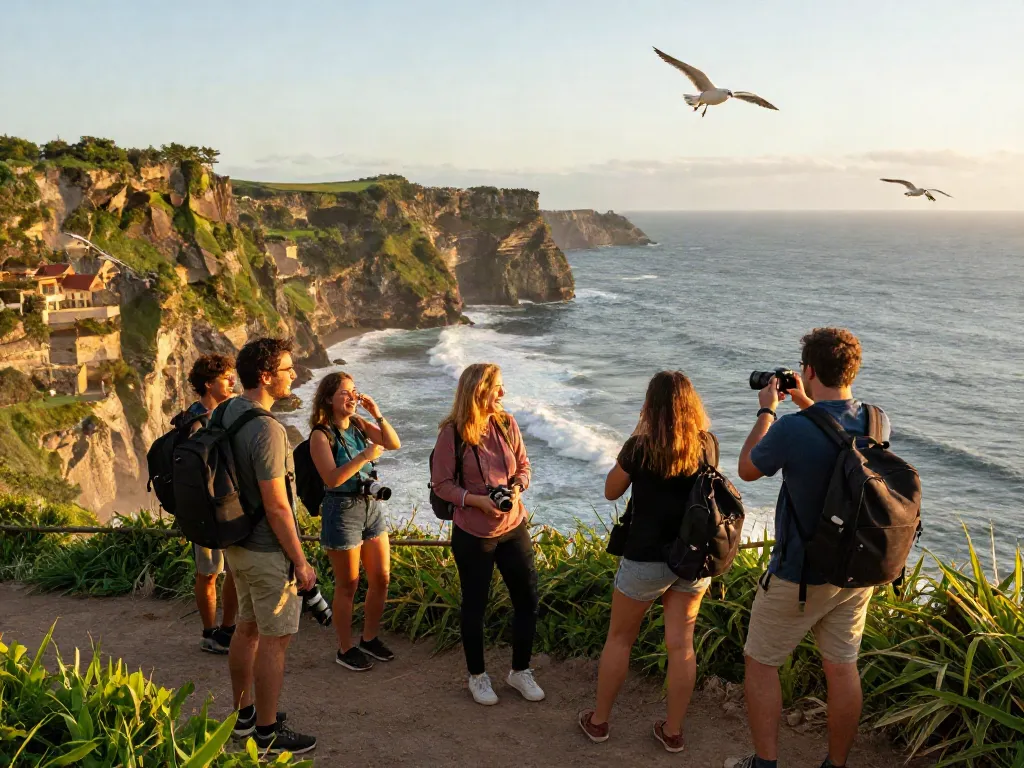 Travelers visiting this site at a scenic coastal lookout during sunset.