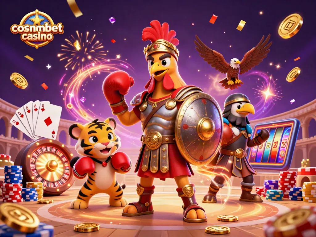 Experience cosmobet casino's vibrant gaming scene with a thrilling gladiator rooster and energetic elements.