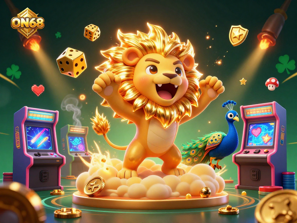 Engage with thrilling games at ON68, featuring a stunning 3D scene of a roaring lion and golden dice.