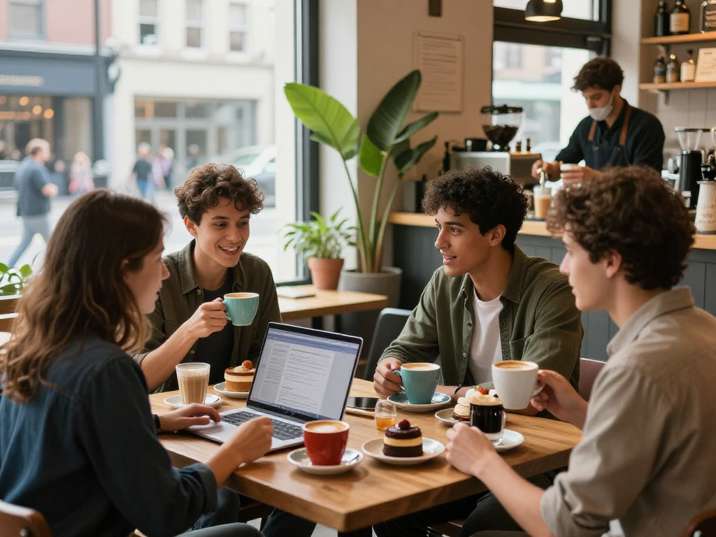 Group of friends enjoying spicychat discussions over coffee in a vibrant café.