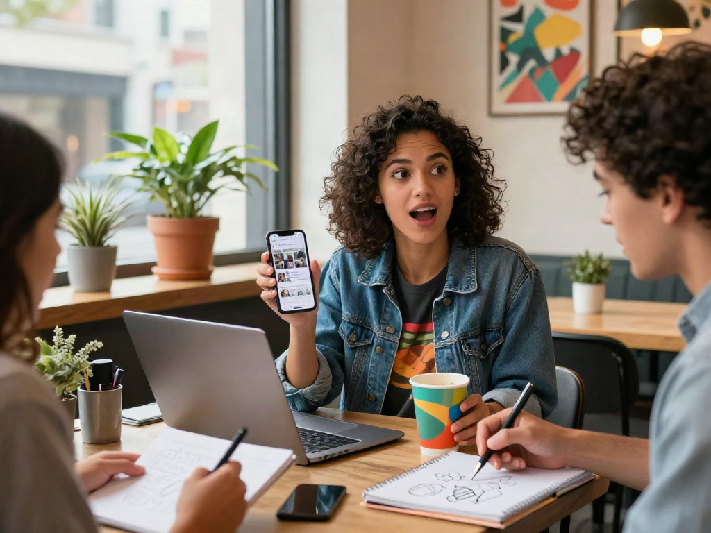 Smartphone in the hands of a young woman discussing social media marketing strategies and engaging in creative conversations.