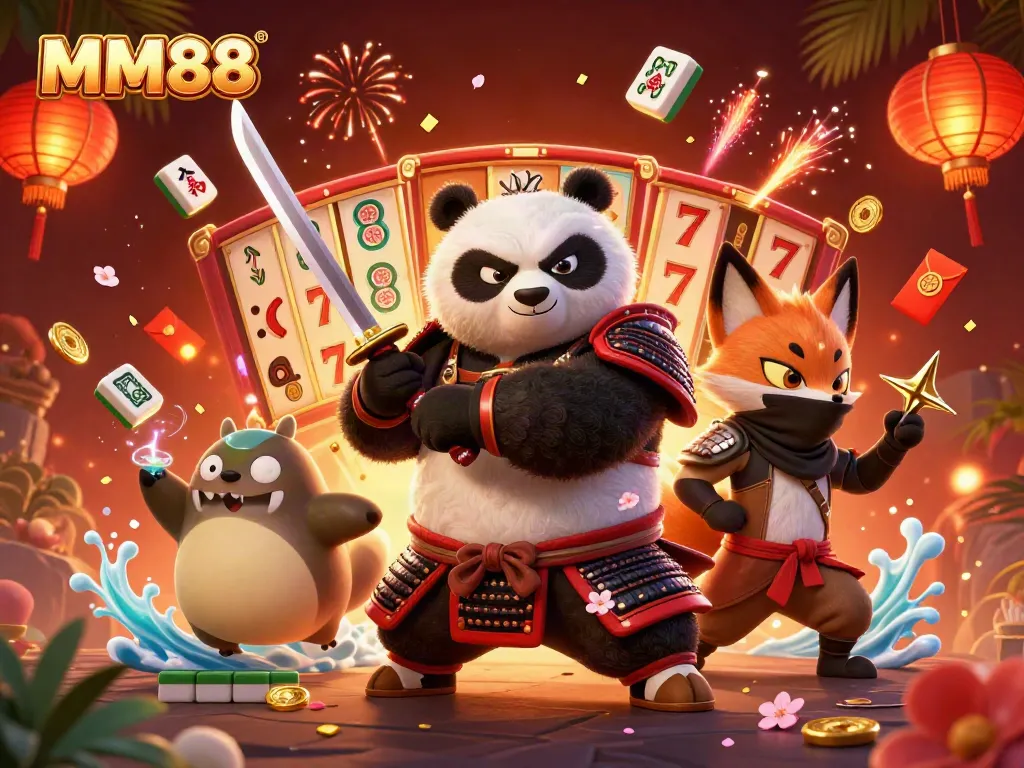 Experience vibrant action at MM88 with samurai panda, ninja fox, and magical tanuki amid lively casino elements.