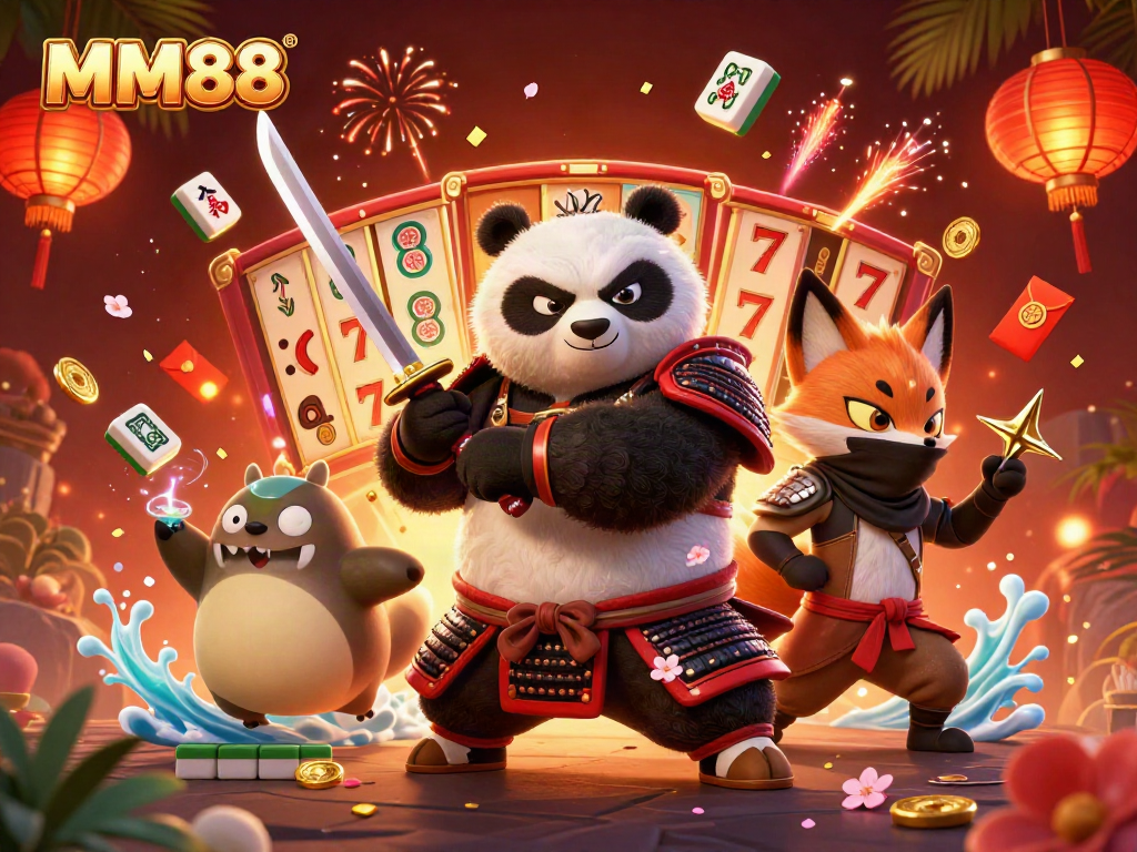 Experience vibrant action at MM88 with samurai panda, ninja fox, and magical tanuki amid lively casino elements.