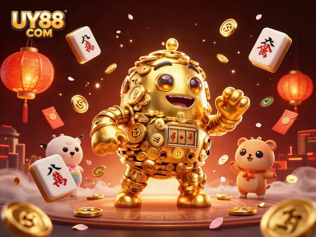 Experience excitement at UY88 COM with an ancient golden golem surrounded by vibrant game elements.