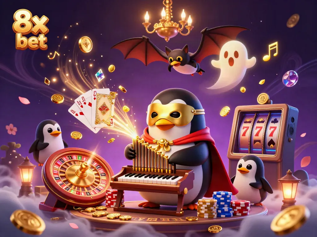 Experience the excitement of 8x bet with a whimsical casino theme featuring a phantom penguin and glowing elements.
