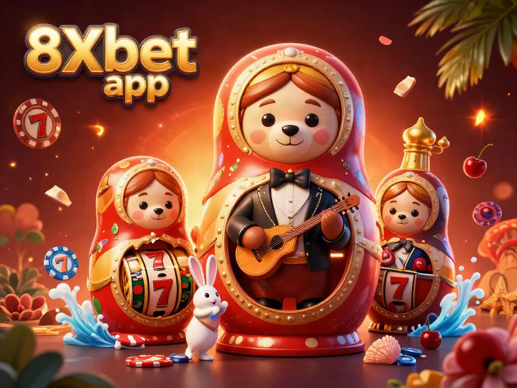 Experience excitement with the 8Xbet app as the bear reveals casino games and festive decorations.