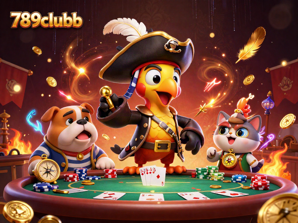 Experience epic poker action with a vibrant 789clubb scene featuring a skilled parrot captain and dog first-mate.