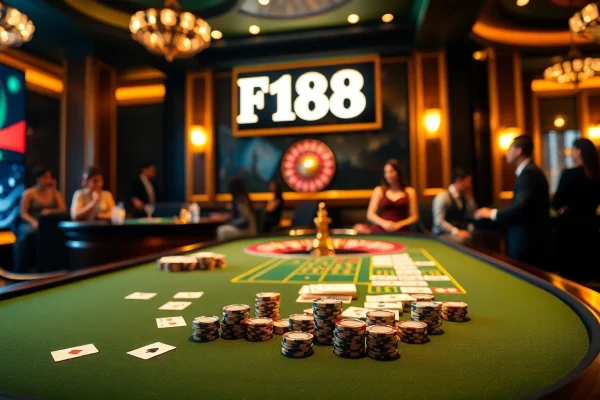 Experience the thrill of F168 at an elegant casino table with poker chips and cards.
