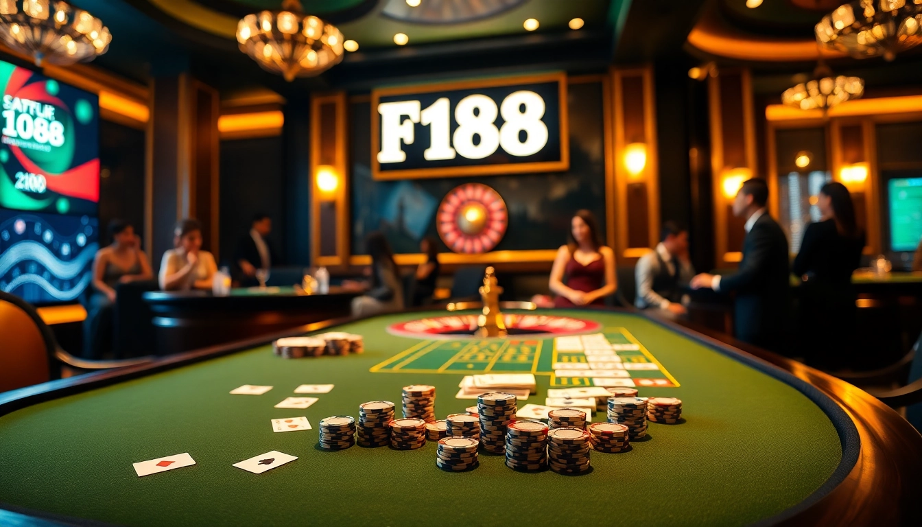 Experience the thrill of F168 at an elegant casino table with poker chips and cards.