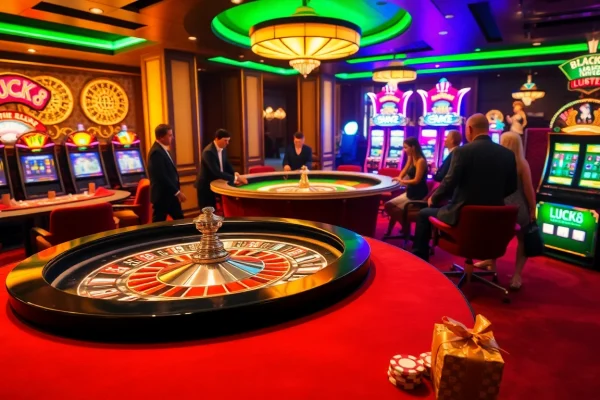 Experience the thrill of LUCK8 as players engage at a luxury casino table surrounded by vibrant gaming elements.