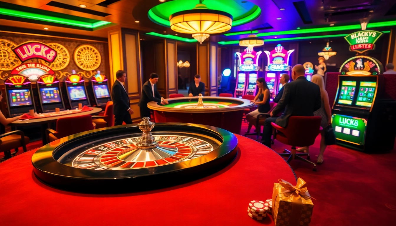 Experience the thrill of LUCK8 as players engage at a luxury casino table surrounded by vibrant gaming elements.