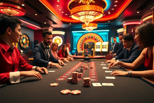 Experience the excitement at a Go8-themed casino with players at the poker table.