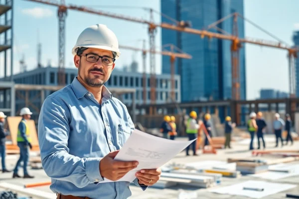 New York Commercial General Contractor supervising a modern construction site with a collaborative team and blueprints.