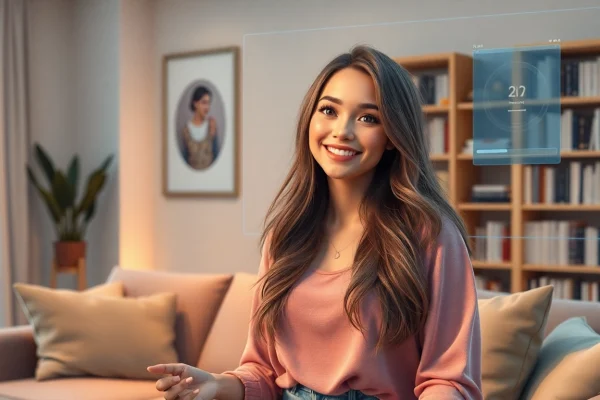 AI girlfriend character interacting with a user via holographic interface in a cozy living room.
