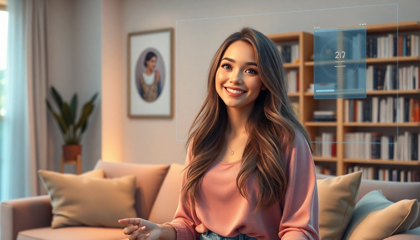 AI girlfriend character interacting with a user via holographic interface in a cozy living room.
