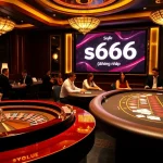 S666 đăng nhập portal showcased in a vibrant casino setting with roulette and blackjack tables.