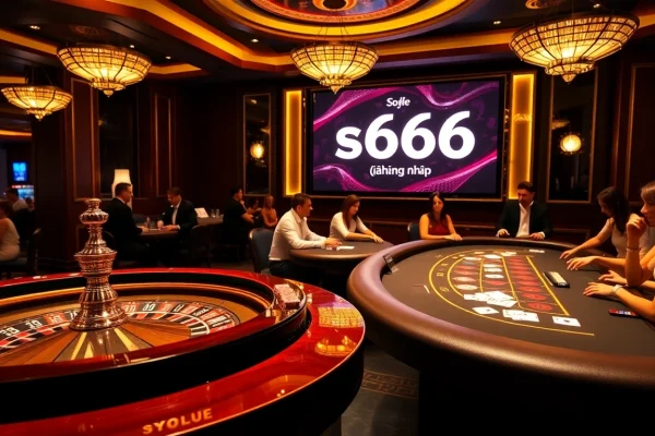 S666 đăng nhập portal showcased in a vibrant casino setting with roulette and blackjack tables.