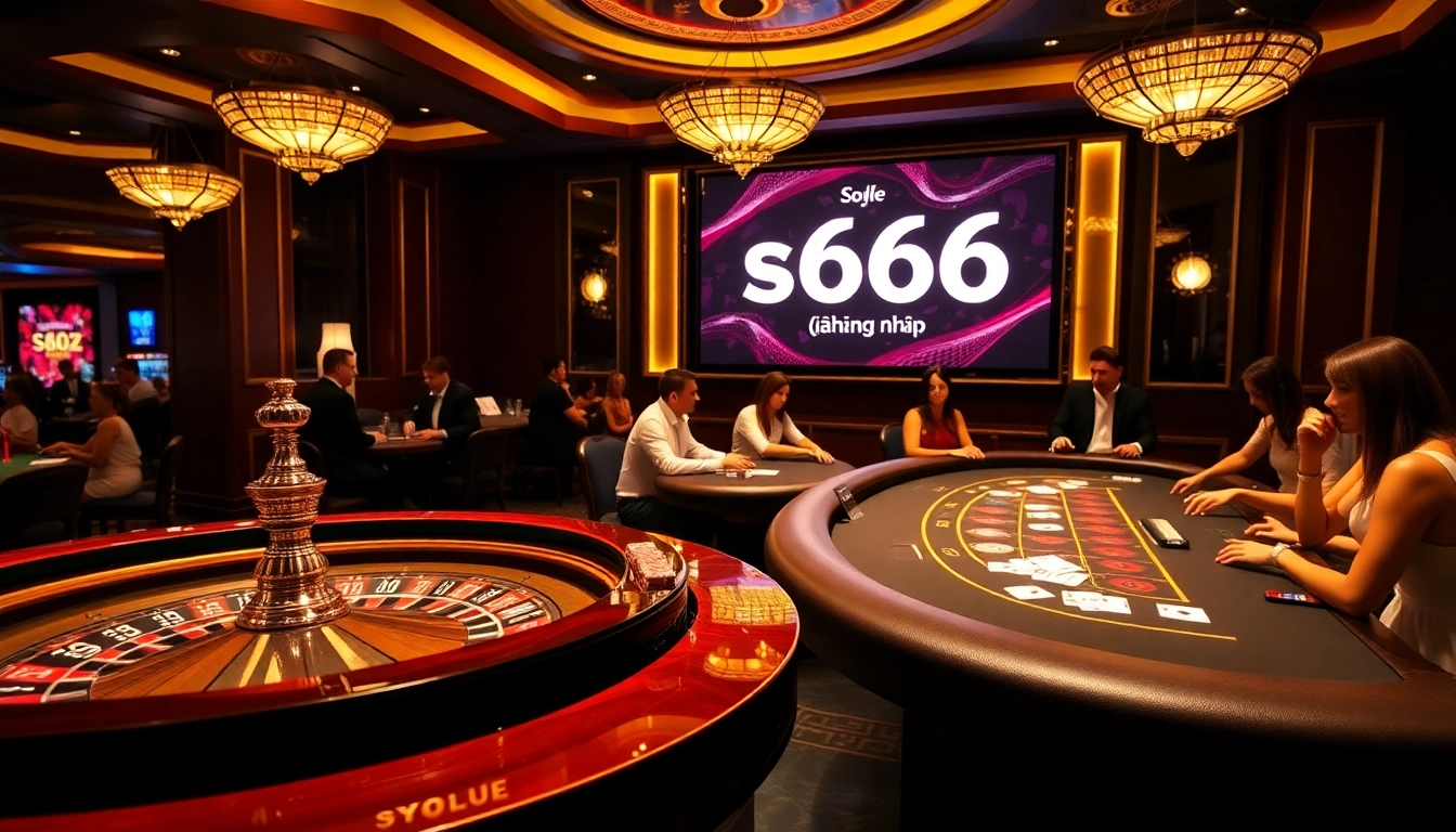 S666 đăng nhập portal showcased in a vibrant casino setting with roulette and blackjack tables.