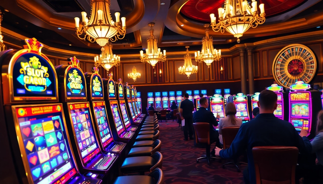 Excited players engaging with slot gacor machines amidst vibrant casino decor and winning moments.