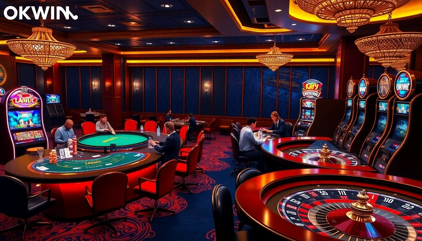 Experience thrilling casino gaming at OKWIN with vibrant slot machines and engaging poker tables.