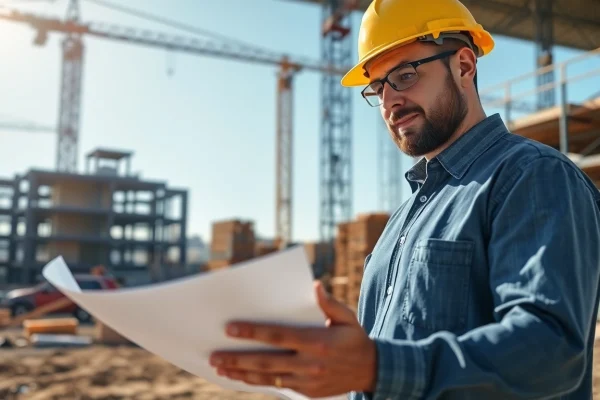 New Jersey Construction Manager inspecting blueprints on a busy construction site.