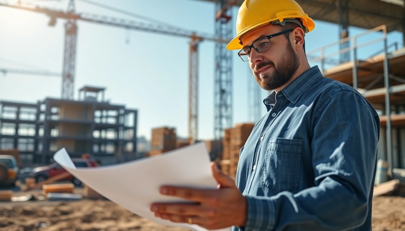 New Jersey Construction Manager inspecting blueprints on a busy construction site.