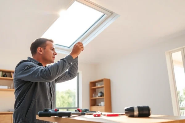 Expert technician conducting Velux repairs on a skylight, ensuring quality and satisfaction.