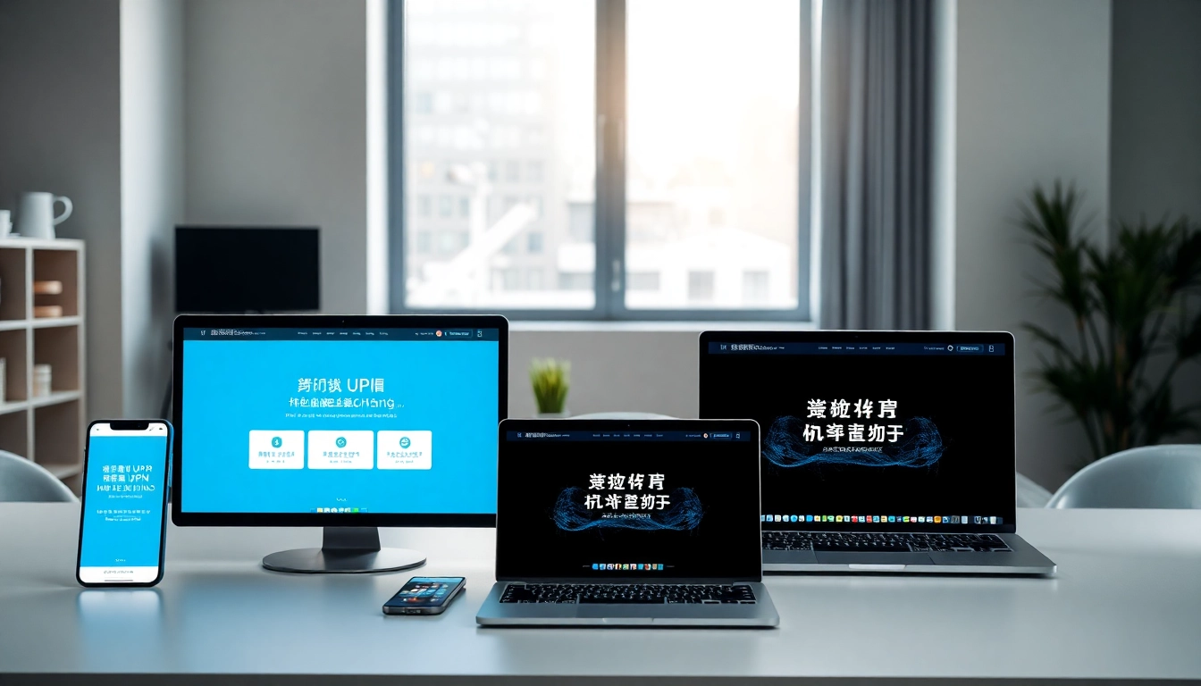 快连官网界面在现代工作区的多设备上显示。